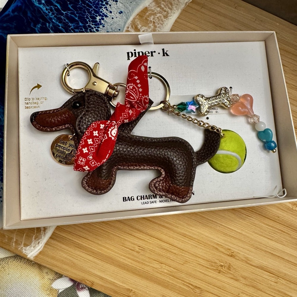 Piper K Dachshund Bag Charm Key Chain Dog Bandana Tennis Ball Bling NEW‎ in Box